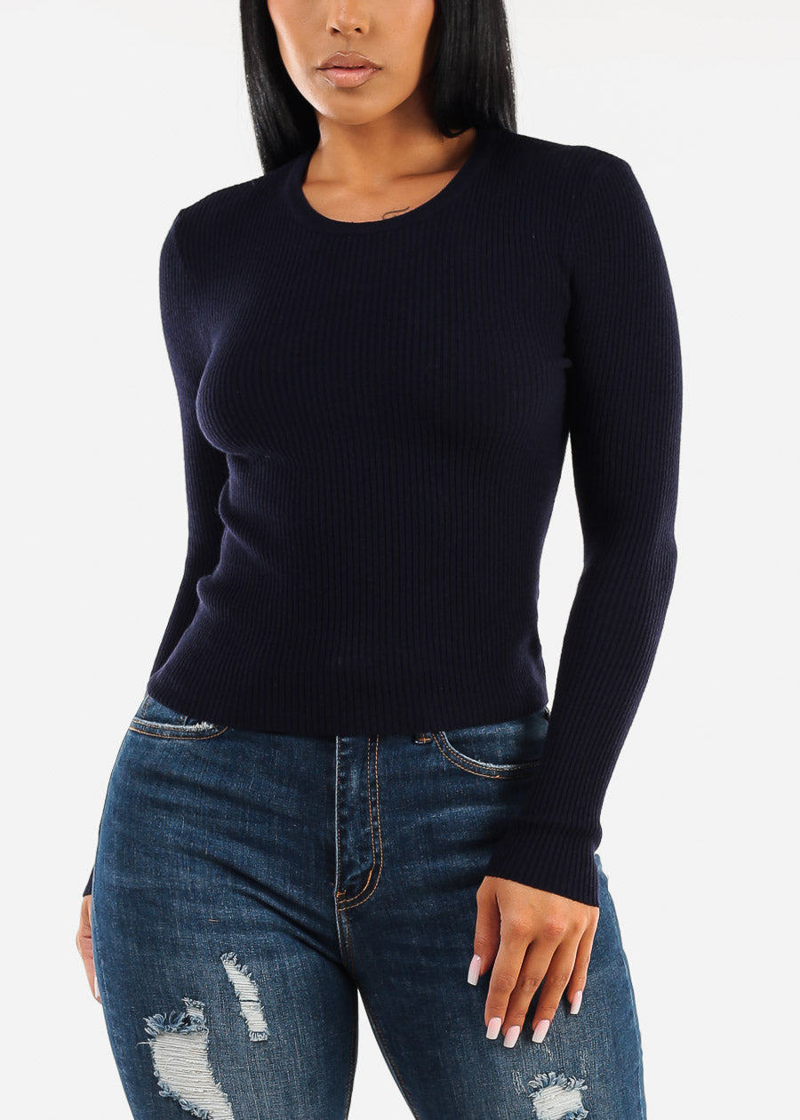 Long Sleeve Crewneck Ribbed Sweater Navy