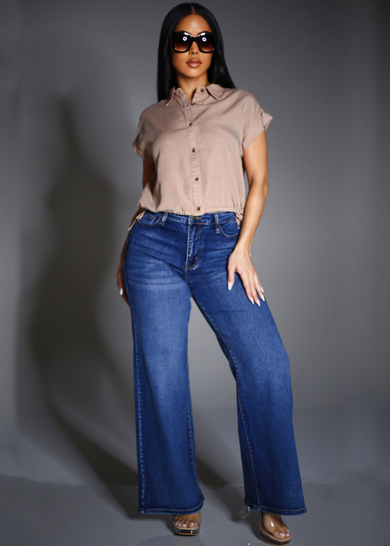 Short Dolman Sleeve Button Up Shirt Taupe w Adjustable Drawstring Hem