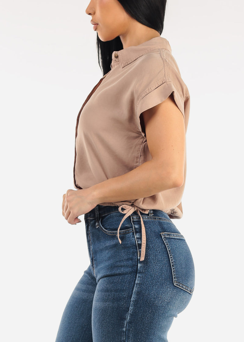 Short Dolman Sleeve Button Up Shirt Taupe w Adjustable Drawstring Hem