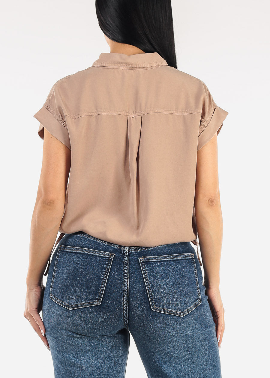 Short Dolman Sleeve Button Up Shirt Taupe w Adjustable Drawstring Hem