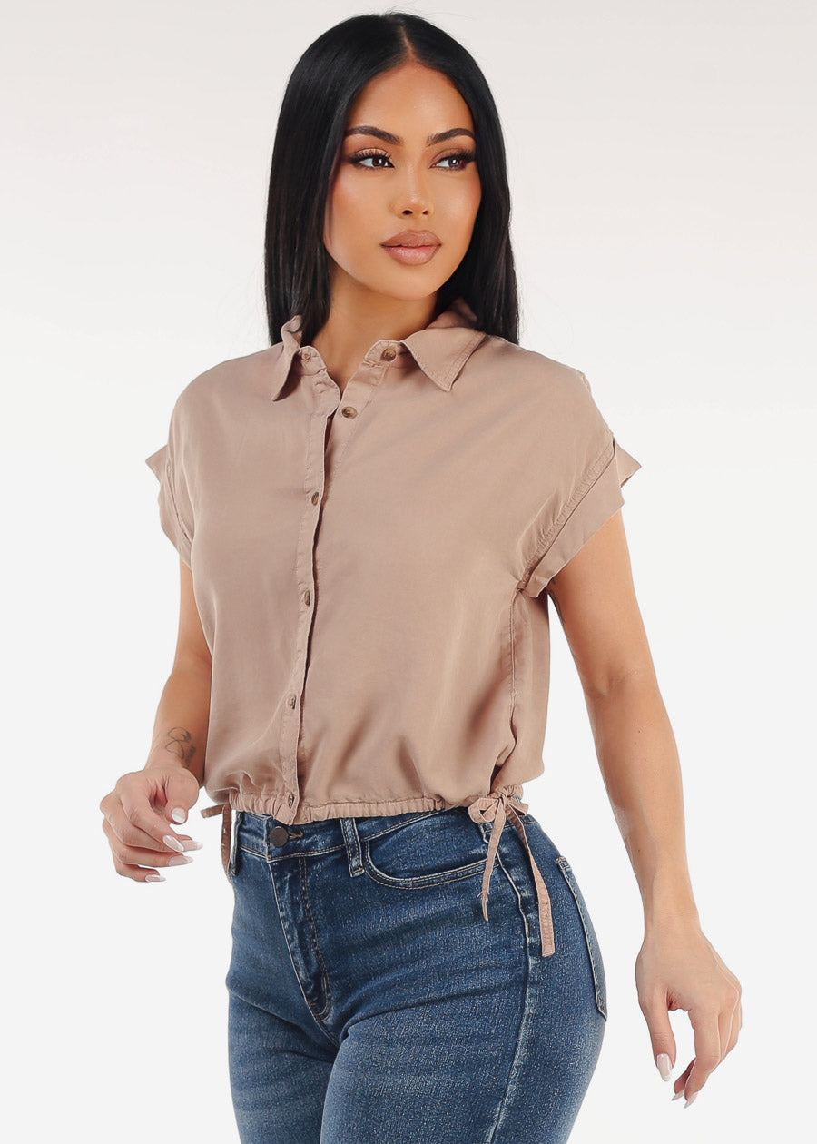 Short Dolman Sleeve Button Up Shirt Taupe w Adjustable Drawstring Hem