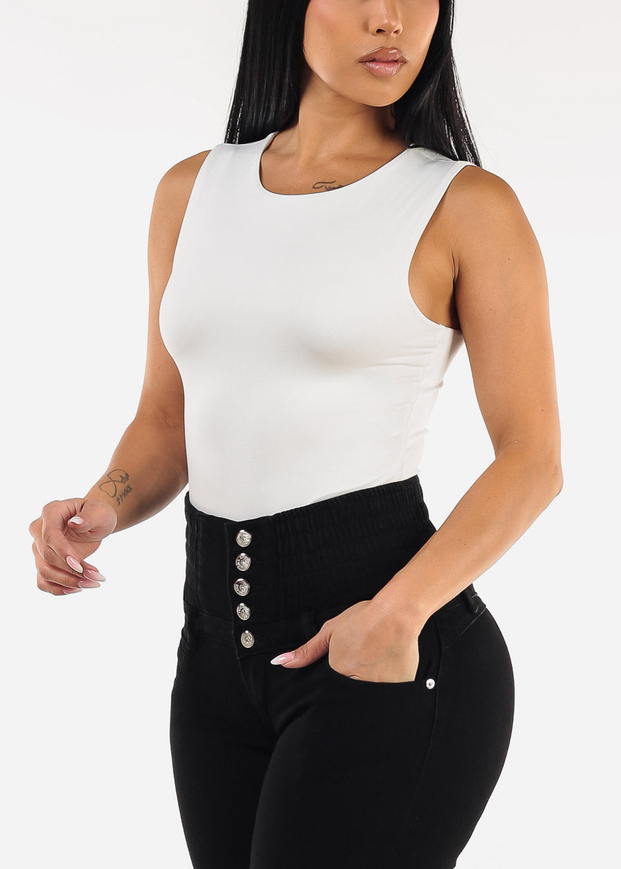 Sleeveless Crewneck White Stretch Thong Bodysuit