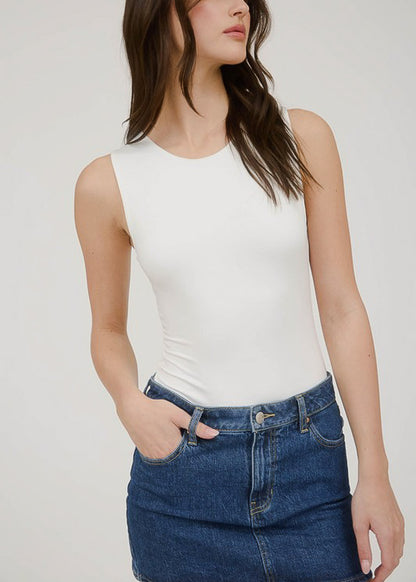 Sleeveless Crewneck White Stretch Thong Bodysuit