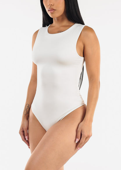 Sleeveless Crewneck White Stretch Thong Bodysuit