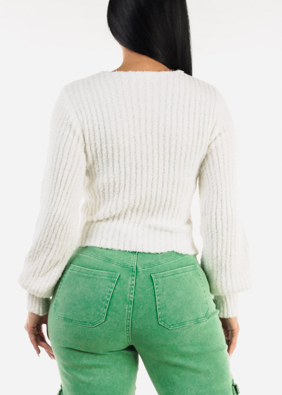 White Long Sleeve Vneck Plush Sweater