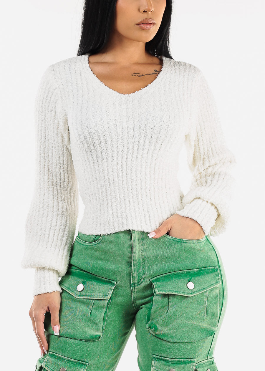 White Long Sleeve Vneck Plush Sweater