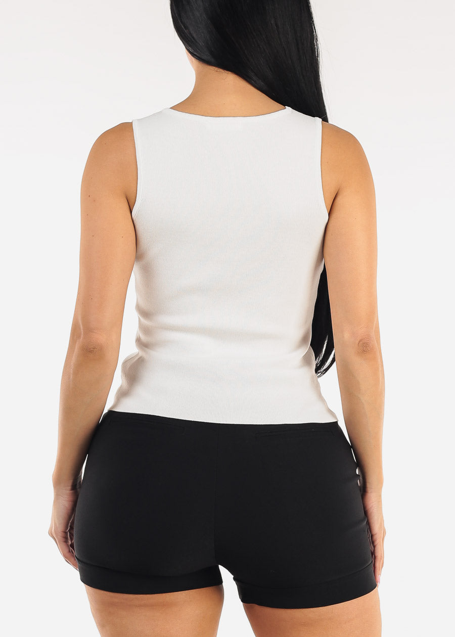 Square Neck Sleeveless Stretch Knit Top White