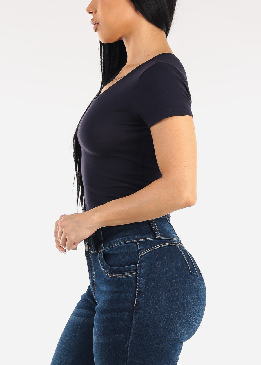Stretch Short Sleeve Vneck Crop Top Navy