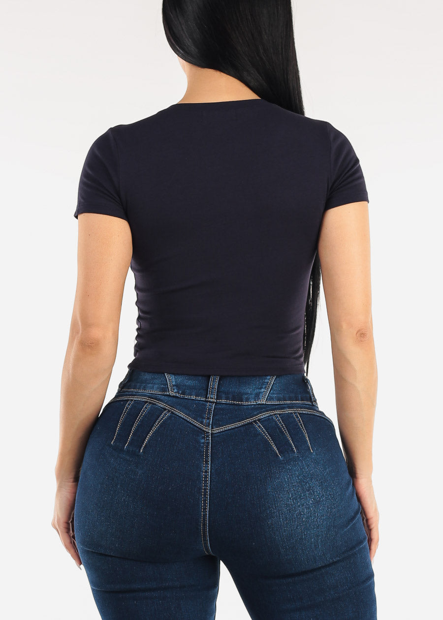 Stretch Short Sleeve Vneck Crop Top Navy