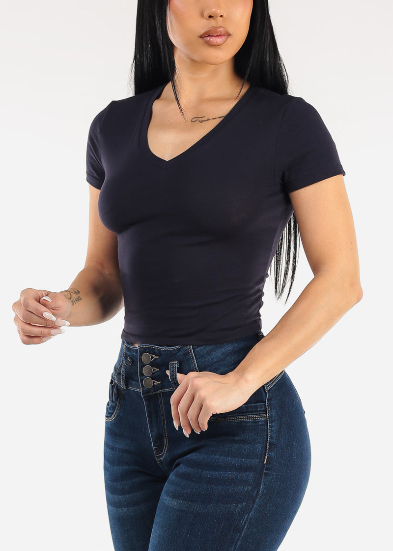 Stretch Short Sleeve Vneck Crop Top Navy
