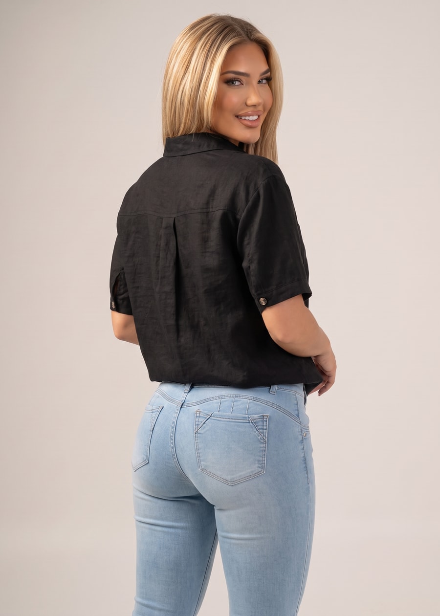 Short Sleeve Button Up Linen Style Blouse Black, view 2 of 2