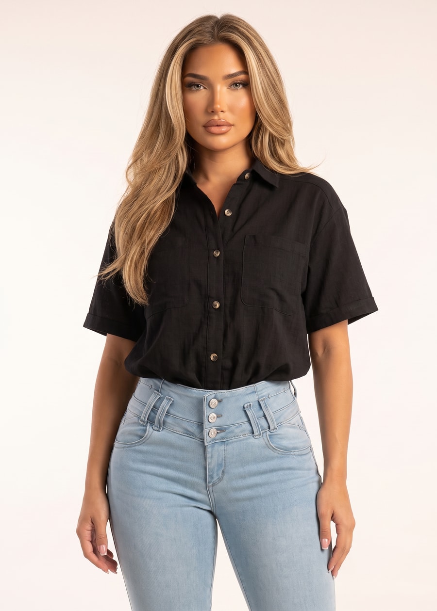 Short Sleeve Button Up Linen Style Blouse Black