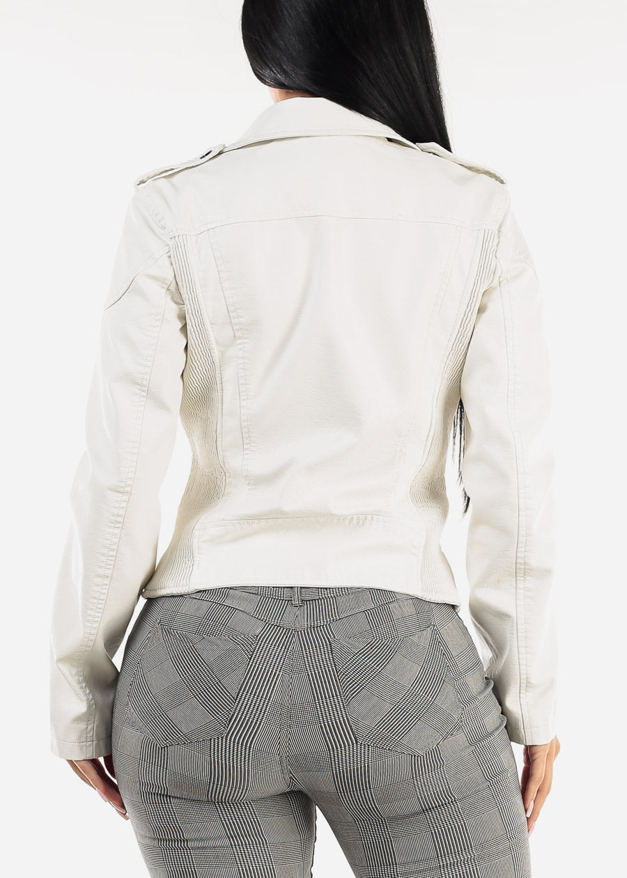 Long Sleeve Vegan Leather Biker Jacket Ivory