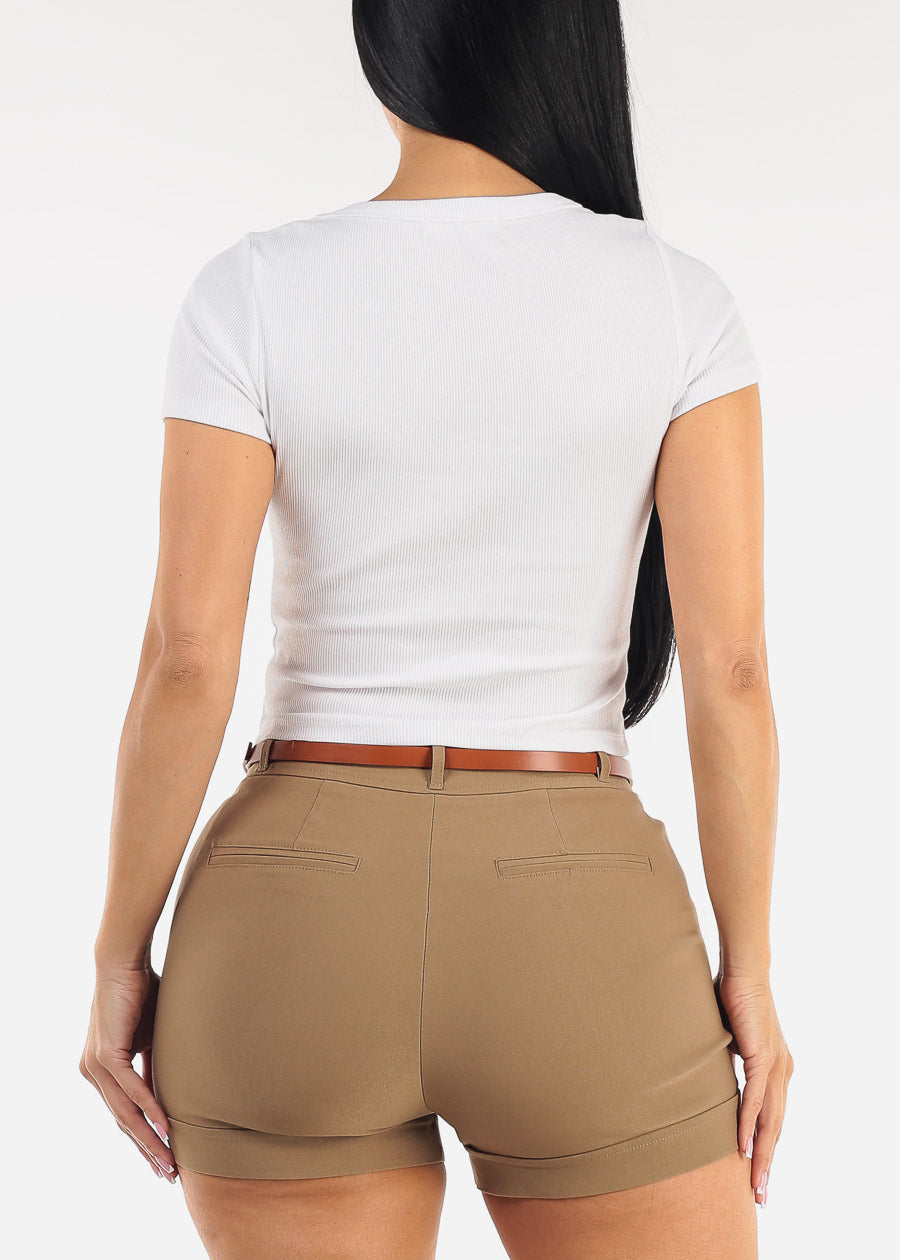 White Short Sleeve Round Neck Stretch Cotton Crop Top