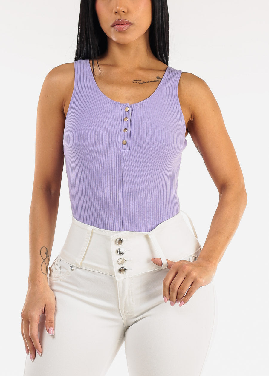 Henley Sleeveless Ribbed Stretch Bodysuit Light Purple