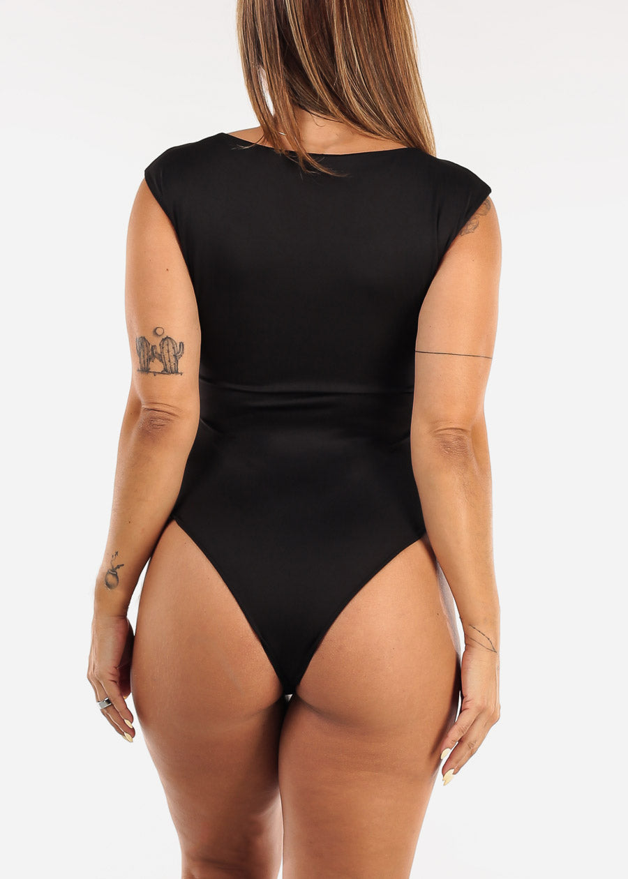 Short Cap Sleeve Boat Neckline Stretch Bodysuit Black