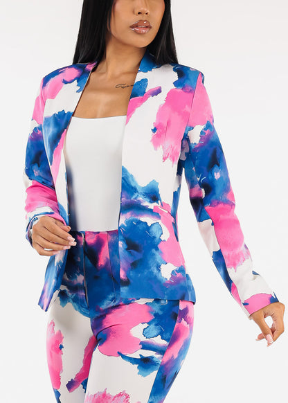 Long Sleeve Printed Formal Blazer Blue & Pink