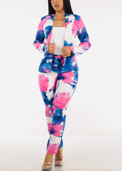 Long Sleeve Printed Formal Blazer Blue & Pink