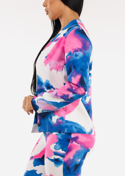 Long Sleeve Printed Formal Blazer Blue & Pink