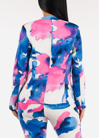 Long Sleeve Printed Formal Blazer Blue & Pink