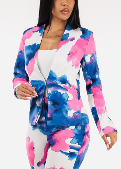 Long Sleeve Printed Formal Blazer Blue & Pink