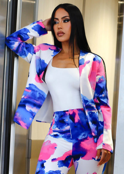 Long Sleeve Printed Formal Blazer Blue & Pink