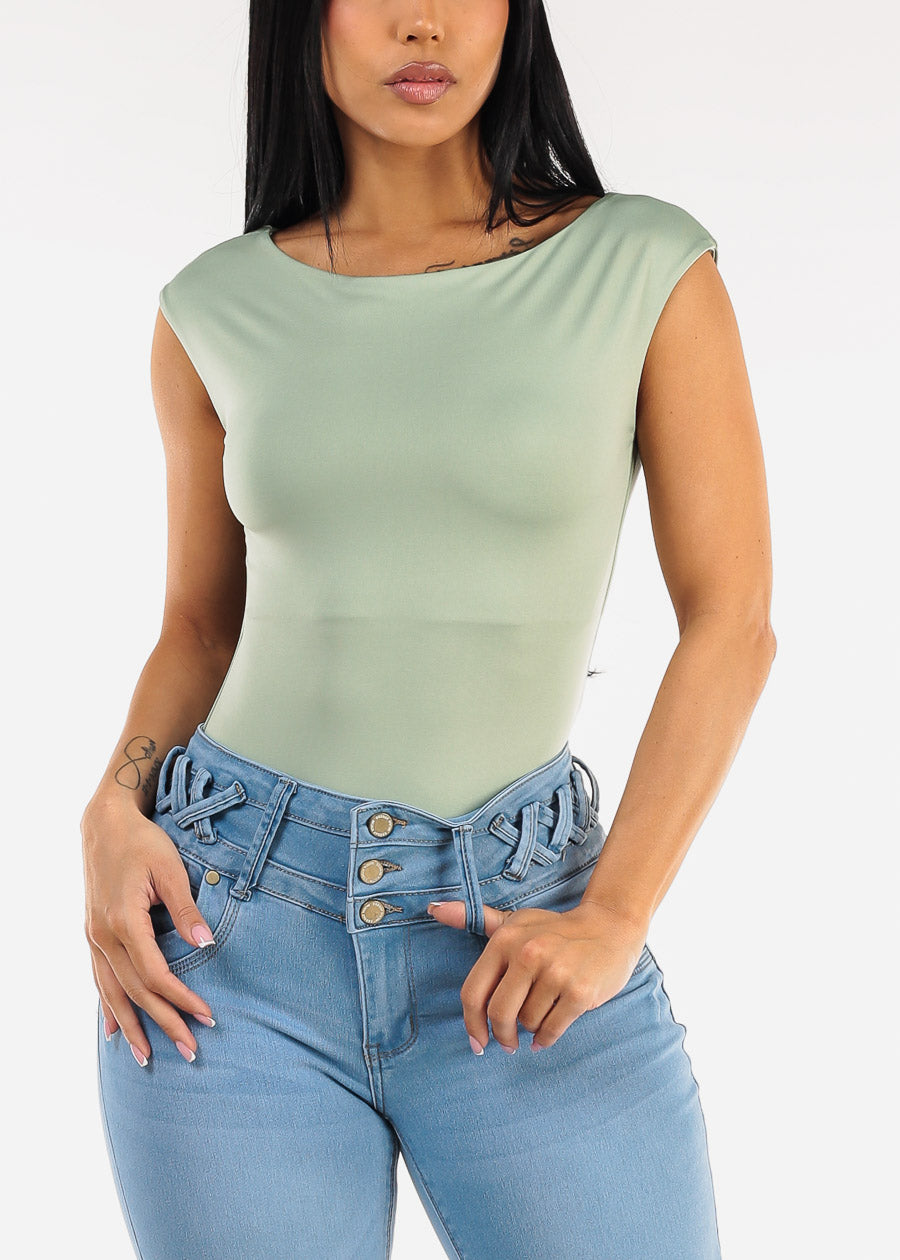 Short Cap Sleeve Boat Neckline Stretch Bodysuit Sage