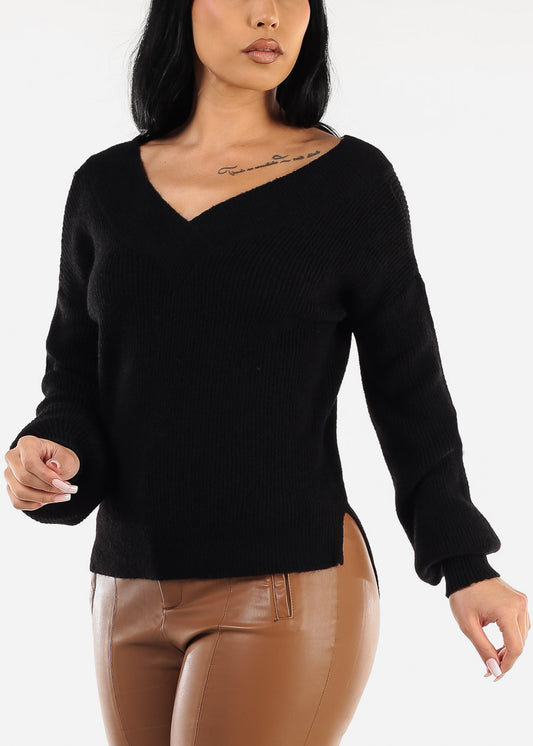 V-Neck Long Sleeve Black Knitted Sweater