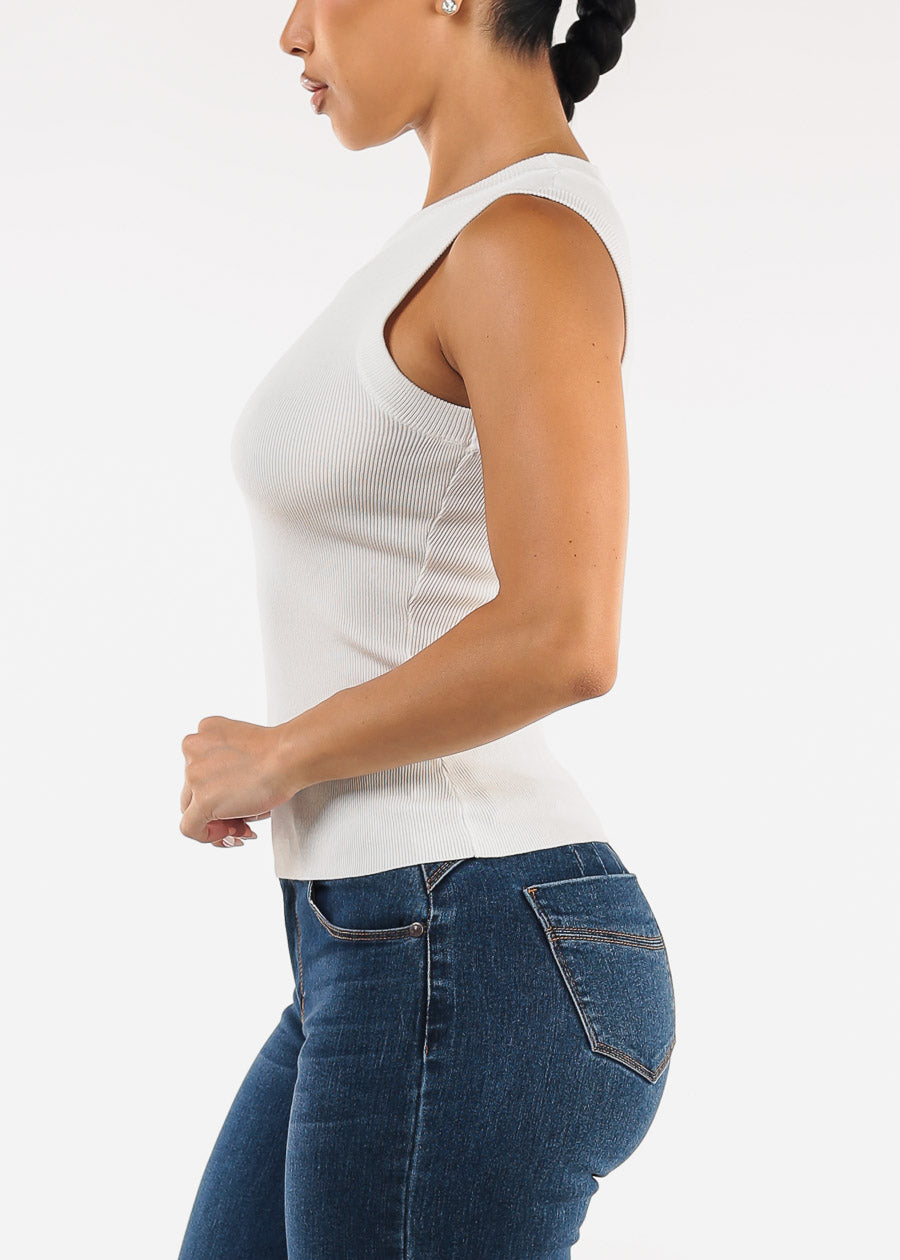 Sleeveless Crewneck Stretch Knit Sweater Top White