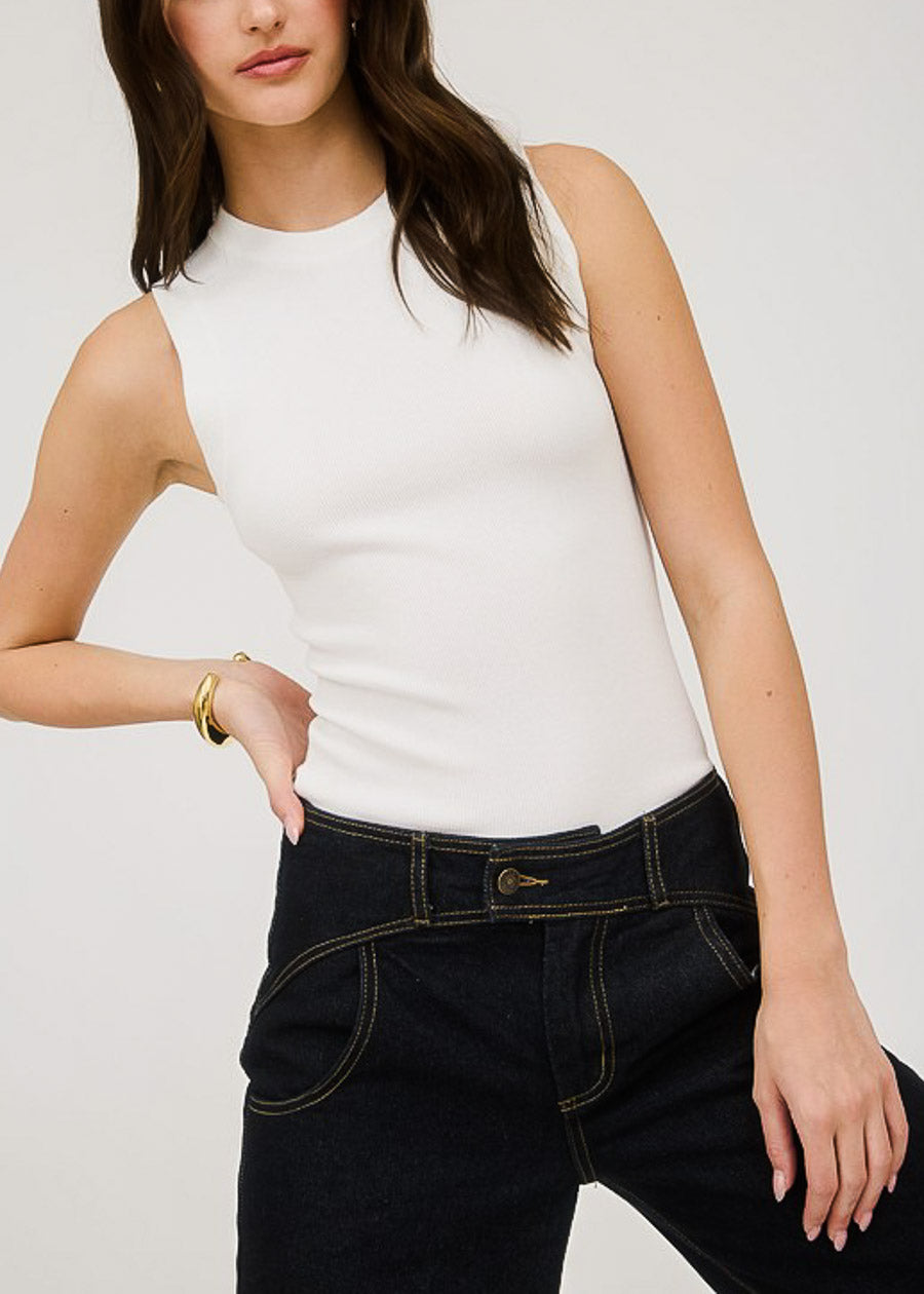 Sleeveless Crewneck Stretch Knit Sweater Top White
