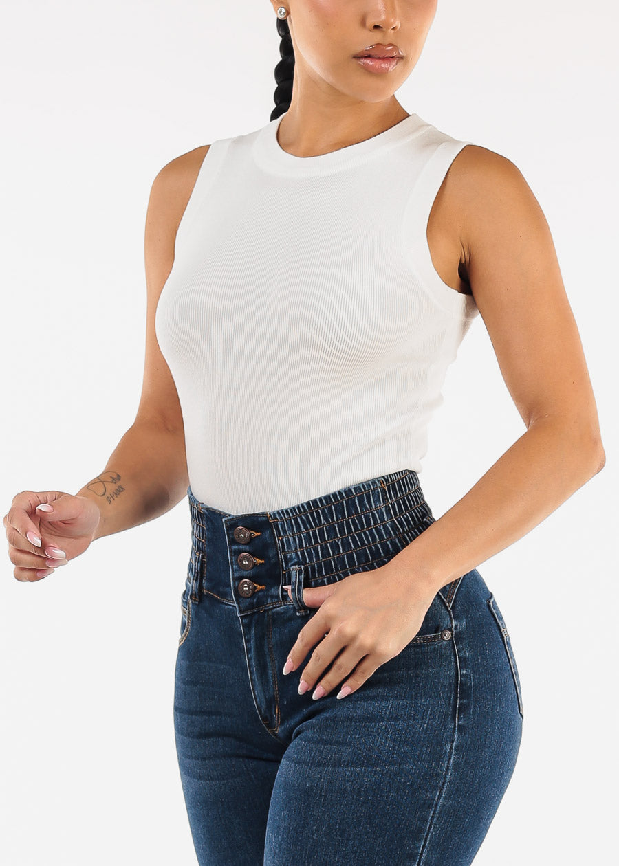 Sleeveless Crewneck Stretch Knit Sweater Top White