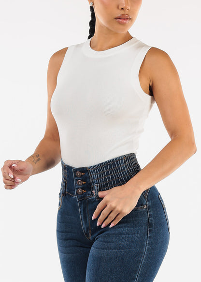 Sleeveless Crewneck Stretch Knit Sweater Top White