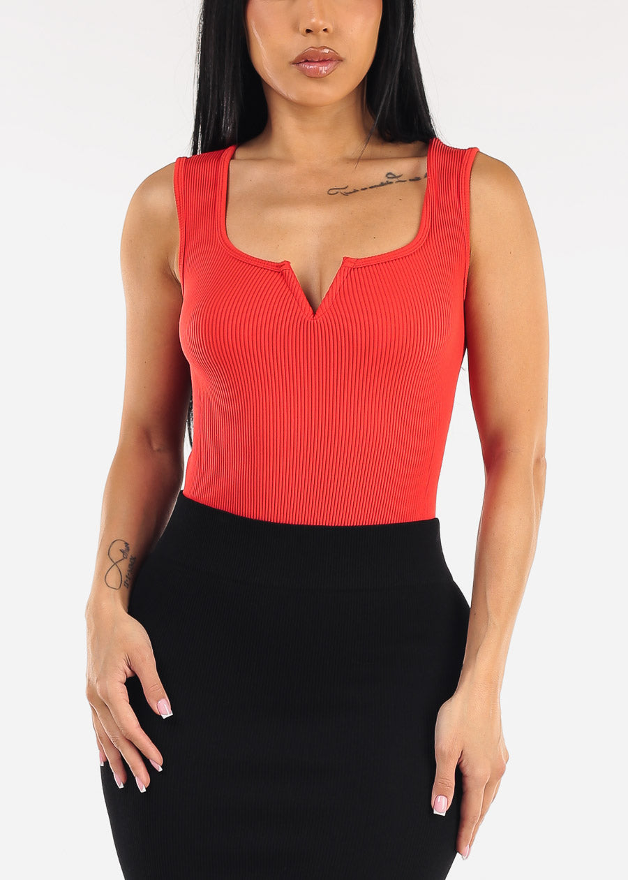 Sleeveless Stretch Ribbed Thong Bodysuit Red