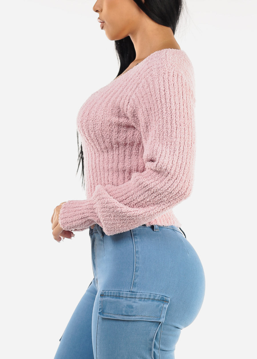 Long Sleeve Vneck Plush Sweater Pink