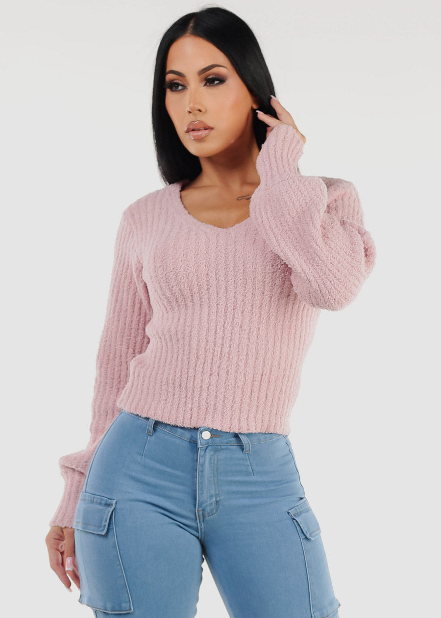 Long Sleeve Vneck Plush Sweater Pink