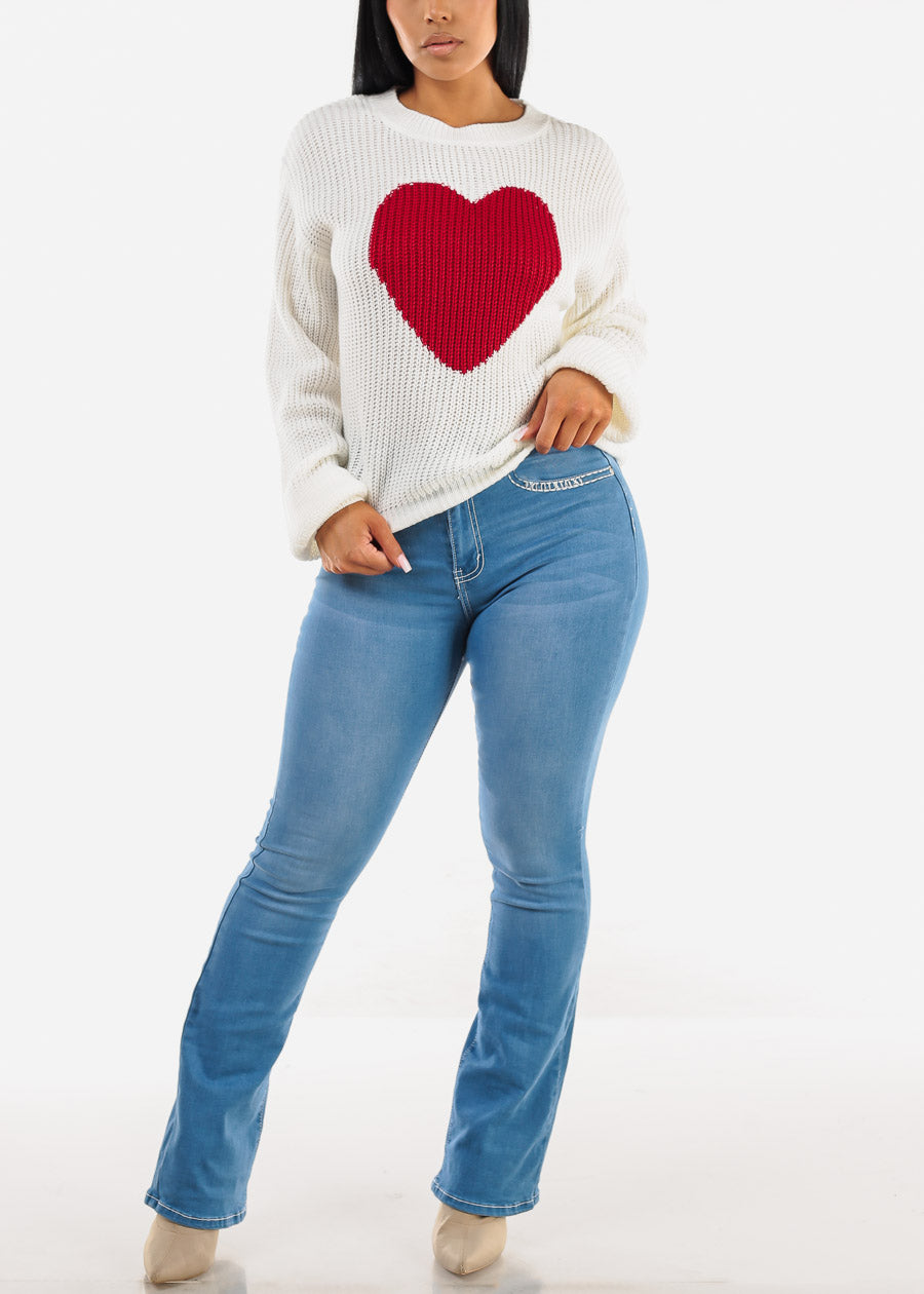 Long Sleeve Crewneck Knitted Sweater White "Heart"