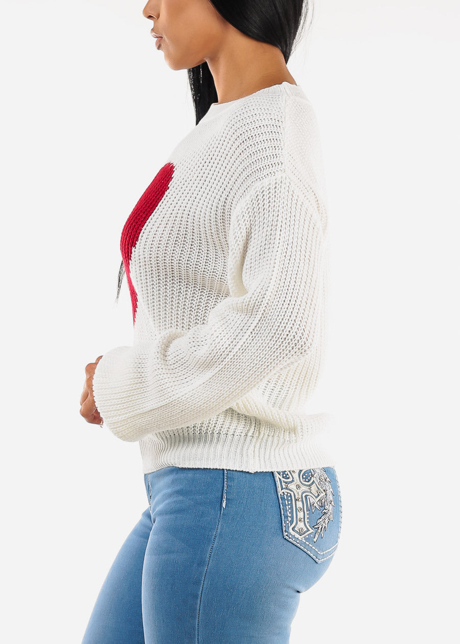 Long Sleeve Crewneck Knitted Sweater White "Heart"