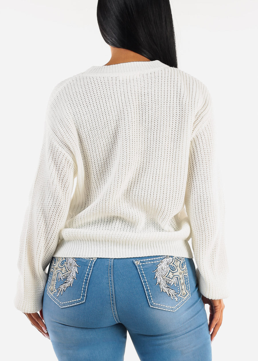 Long Sleeve Crewneck Knitted Sweater White "Heart"