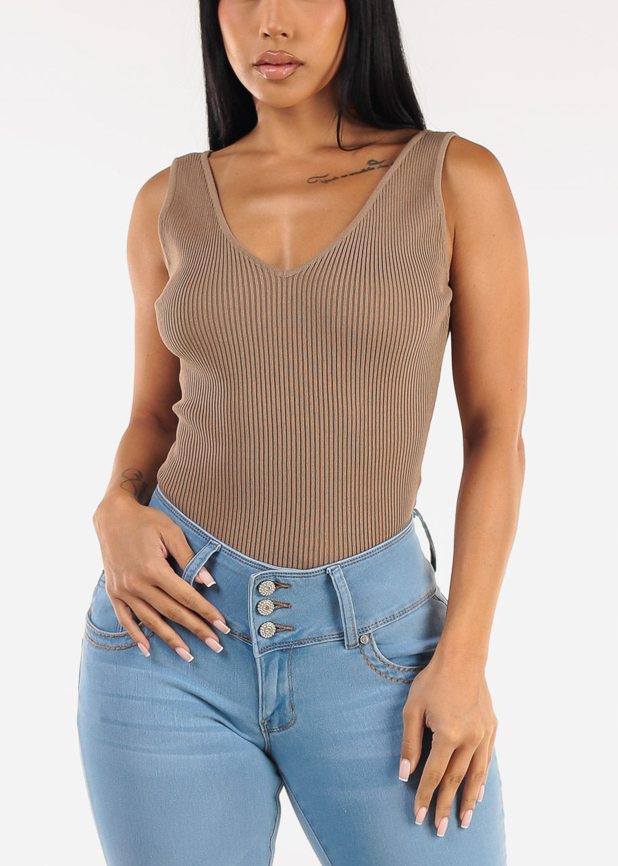 Stretchy Sleeveless Vneck Ribbed Top Taupe