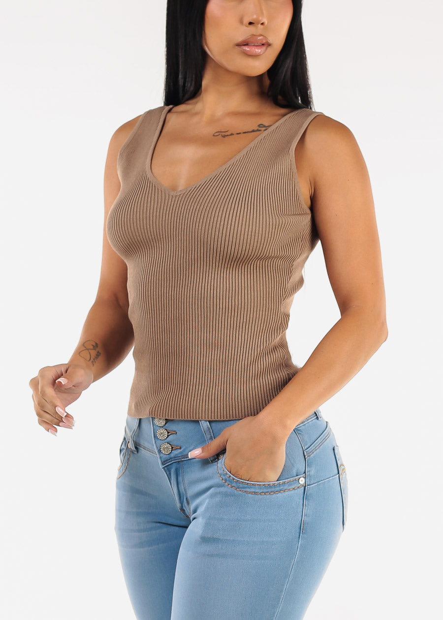 Stretchy Sleeveless Vneck Ribbed Top Taupe