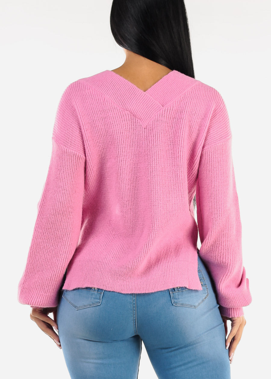 V-Neck Long Sleeve Knitted Sweater Pink