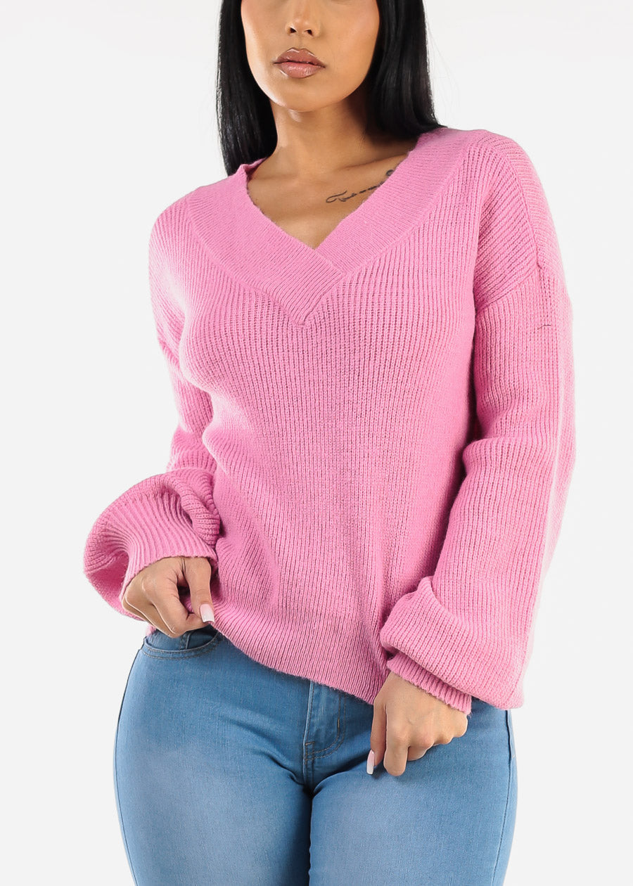 V-Neck Long Sleeve Knitted Sweater Pink