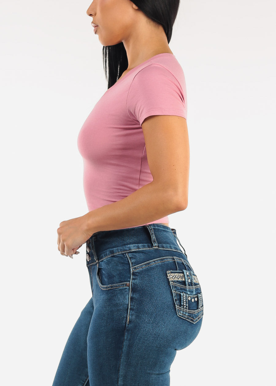 Stretch Short Sleeve Vneck Crop Top Light Pink