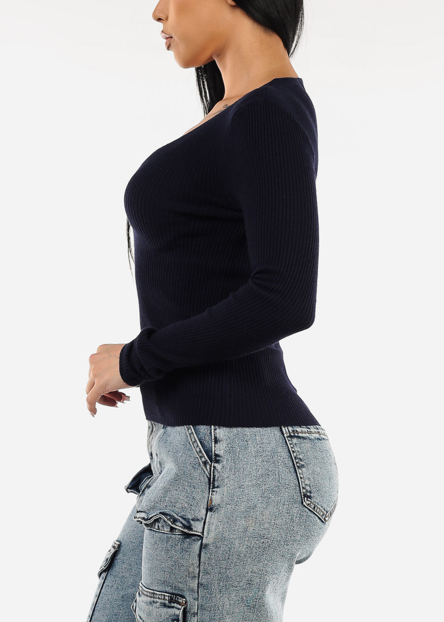 Long Sleeve Vneck Ribbed Sweater Top Navy