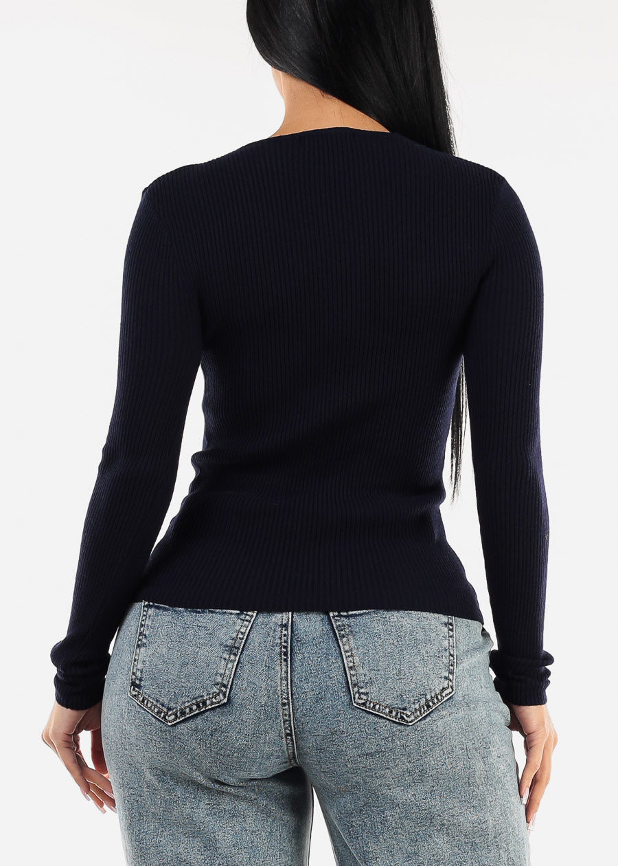 Long Sleeve Vneck Ribbed Sweater Top Navy