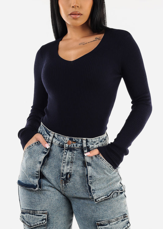 Long Sleeve Vneck Ribbed Sweater Top Navy