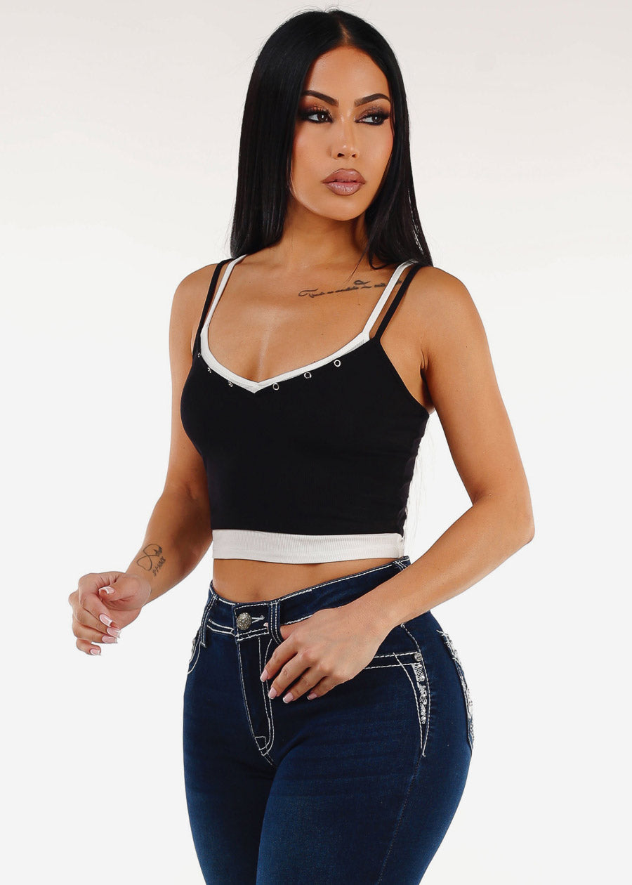 Sleeveless Vneck Layered Stretch Crop Top Black
