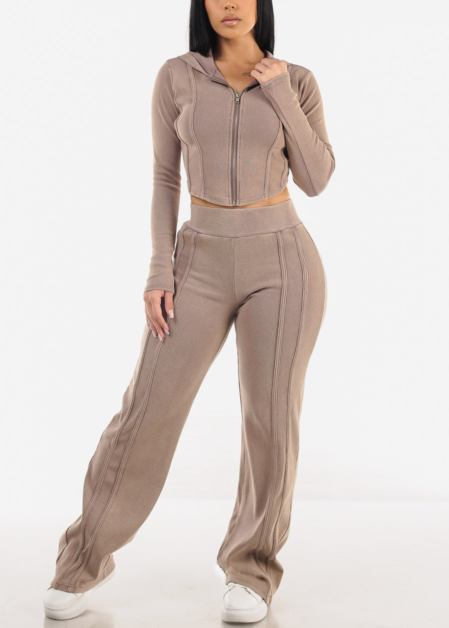 Long Sleeve Crop Jacket & Wide Leg Pants Mocha (2 PCE SET)