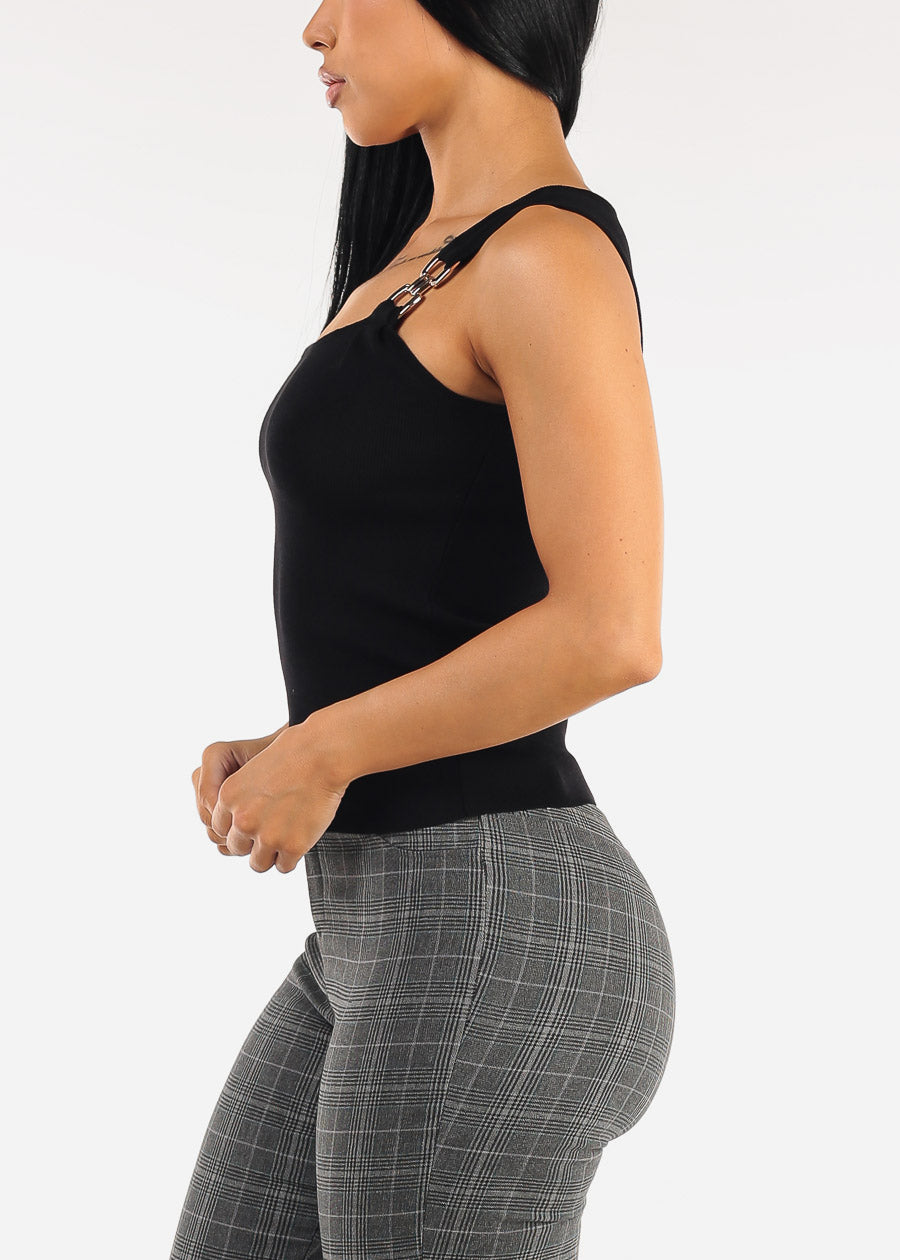 Square Neck Sleeveless Stretch Knit Top Black