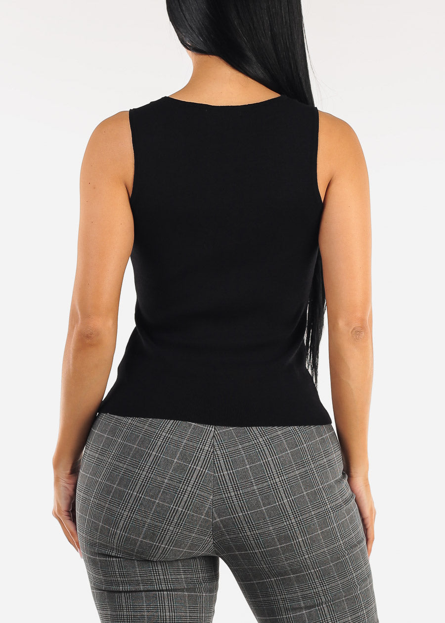 Square Neck Sleeveless Stretch Knit Top Black